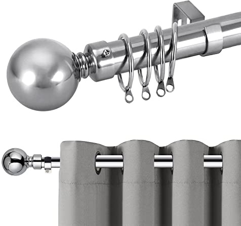 Hafaa Curtain Poles Plain Metal Ball Adjustable Decorative Window Curtain Pole Includes 120 to 210 cm Extendable Curtain Rod, 60mm Size Classic Finials, Rings, Brackets & Fittings Set, Chrome