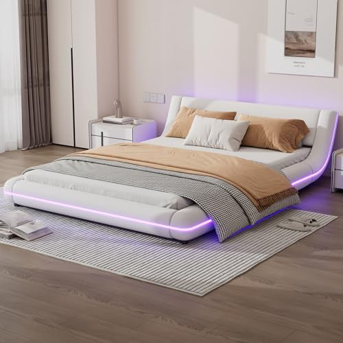 Rtopsu Doppelbett Polsterbett 140x200 cm, Bett mit LED-Beleuchtung, Modern Bodenbett mit Metallbettgestell und Lattenrost aus Holz, PU, Weiß, Ohne Matratze