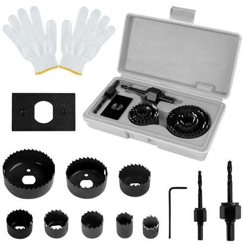 Starich Hole Saw Sets, 12pcs Holesaw Set, 19-64mm Carbon Steel Circular Drill Cutter Kit with a Pair of Gloves & Storage Box, Hole Cutter Kit for Plasterboard,Wood,PVC Board,Plastic Plate (Grey)