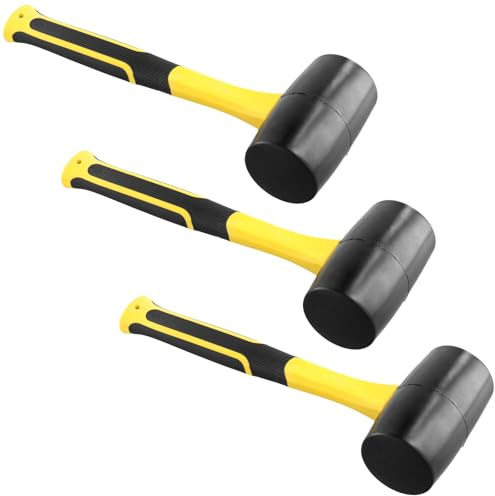 SEUNMUK Lot de 3 marteaux en caoutchouc de 473,6 g, maillets robustes en caoutchouc solide avec trou de préhension pour revêtements de sol, menuiserie, travaux automobiles, jaune et noir