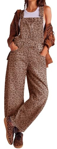 CHARTOU Women Casual Denim Bib Overalls Baggy Barrel Jeans Y2k Wide Leg Denim Jumpsuit Mid Rise Boyfriend Harem Pants (Medium,Leopard)