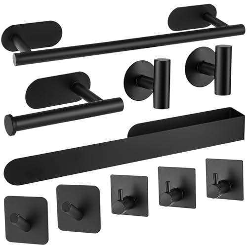 SinLaw Toalleros de Baño Sin Taladro,Juego de Toallero de Baño de 10 Piezas, Accesorios de Baño de Acero Inoxidable Toallero,Accesorios de Acero Inoxidable de 16 Pulgada (Negro)