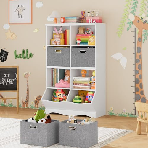 HOCSOK kinderregal, Bücherregal Kinder mit 8 Ablagefächern und 2 Stoffschubladen, Spielzeugregal kinderzimmer für Schlafzimmer Kindergarten, Weiß, 116x67x40cm