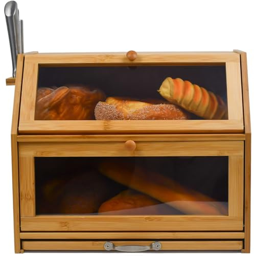 Maison Des Cadeaux Large Bamboo Bread Bin Loaf 2 Compartment Storage Rack Box With Sliding Chopping Board