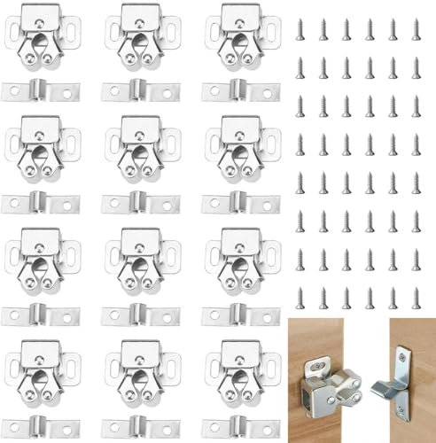 VZU 12 Stück Möbelschnäpper mit 48 Schrauben, Doppel-Rollenschnäpper, Kleiderschrank Tür Ball Roller Catch, für Schubladen Verriegelung, Schnappverschluss für Türen, Fenster und Küchenschränke