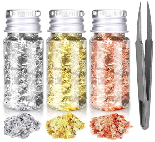 JAWUZ 3 Bottiglie foglia oro alimentare, Foglia Oro decorazione, Include 1 paio di pinzette
