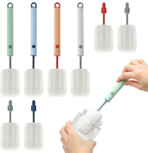 Cepillo para Botellas Cepillo de Limpieza Mango Largo de Cabezal de Cepillo de Esponja poroso Adecuado para Botellas Termo Tarjetas Vasos de Agua Cuencos y vajilla (4 Piezas) + 4 Cabezales
