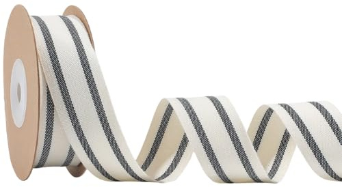 GORGECRAFT Ruban Gros Grain Rayé en Coton 10 m X 25mm Tissu Naturel Noir et Blanc Double Face pour Emballage Cadeau Décoration Florale pour Loisirs Créatifs Vacances Noël Anniversaire
