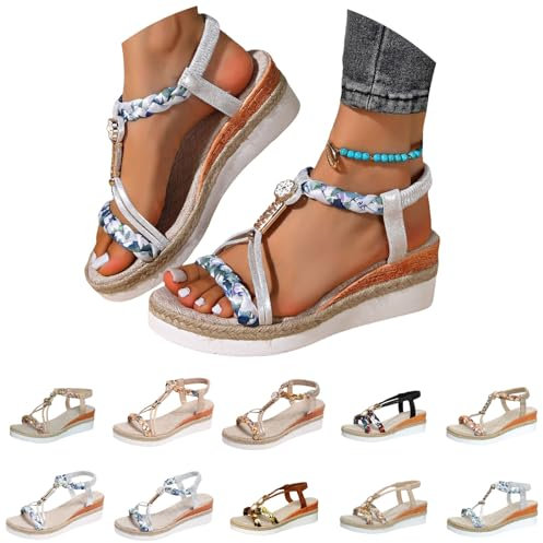 on schuhe damen sale Sommerschuhe Damen Elegant Keilabsatz Peep Toe mit Weiche Fussbett Sandalen Bequeme Slingback OrthopäDische-Sandalen Sommer Boho sommer stiefeletten Silbrig 43