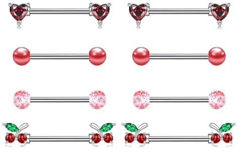 AVYRING Nippelpiercing hjärta CZ, 14 G rostfritt stål bröstvårtspiercing för kvinnor, 16 mm barbell tungpiercing (silver/guld), 4 par, 14G, Rostfritt stål