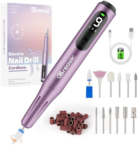 Breosic Electric Nail Drill Professional 35000RPM,Rechargeable Electric Nail File Cordless with 9-Speed & LED Display,12-in-1 Portable Manicure Pedicure kit for Acrylic Gel Dip Powder Nails (Purple)