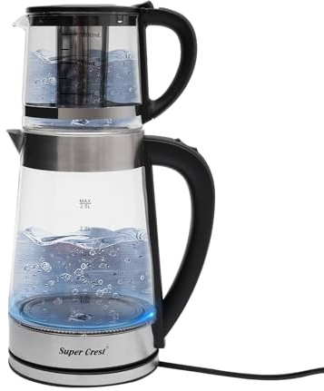 Tetera eléctrica de 1800 W, 2 en 1 con filtro de cal, tetera turca, 2,5 L y tetera, cristal de seguridad, tetera