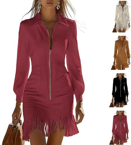 Vestido de ante para mujer de moda vintage, ajuste slim, mini vestidos con flecos, cuello en V, manga larga, cierre de cremallera, vestido estilo vaquera con bolsillos, rosso, XL