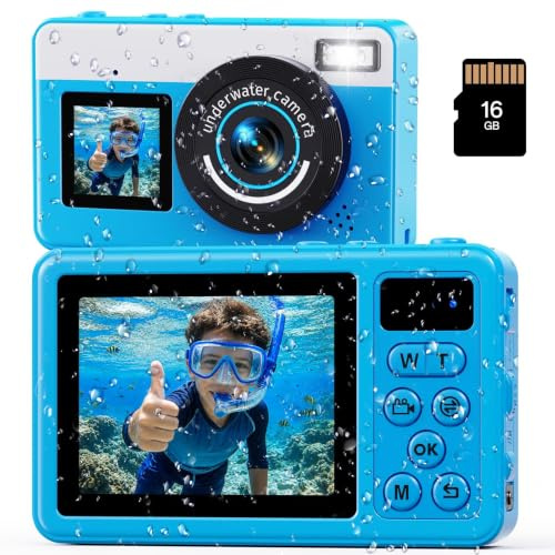Maxmango D70 Fotocamera Subacquea 4K 48MP, Macchina Fotocamera Impermeabile 10FT per Piscina Spiaggia, Doppio Schermo Autofocus Zoom 18X, Macchina Fotografica Regalo per Ragazzi e Adulti, 16GB, Blu