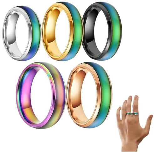 AUGTYRLV Anelli dell’Umore Cambio Colore 5 Pezzi Acciaio Inox Anello Emozioni Temperatura 1,66 cm 1,73 cm 1,8 cm per Coppia Feste Compleanno Uso Quotidiano Elegante