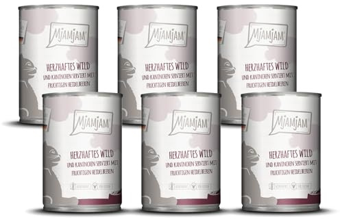 MjAMjAM - nourriture humide premium pour chats - gibier copieux et lapin aux myrtilles fruitées, paquet de 6 (6 x 400 g), sans céréales avec supplément de viande