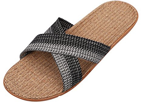 Pantoufles d'Eté Respirant en Lin Antidérapant Femme Homme Sandales Plates Chaussures à Bout Ouvert Chaussons de Plage Piscine Tongs Claquettes Confortable pour Maison Bureau Intérieur 44-45 Gris