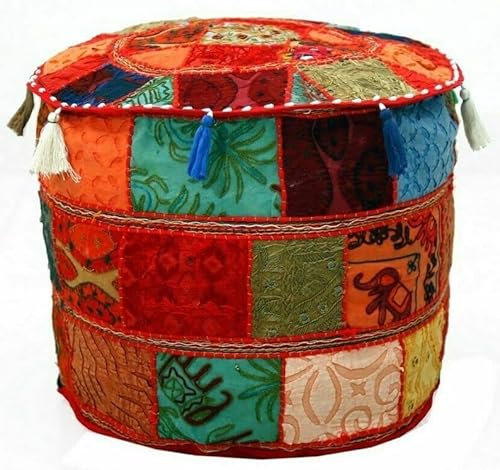 BhagyodayFashions Kissenbezug, indisches Design, rund, Patchwork-Design, bestickt, für Hocker, Sitzkissen, gemustert, Vintage, Baumwolle, handgefertigt, 45,7 x 33 cm, Traditionell, 46 x 33