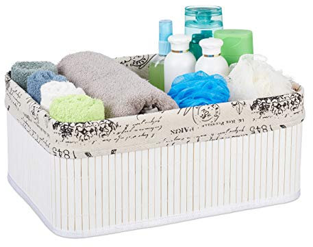 Relaxdays Aufbewahrungskorb, Stoffbezug mit Retro-Print, Bambus, rechteckig, Bad Regalkorb HBT 16,5x38x28,5 cm, weiß