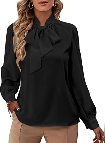 Rooscier Blusa Elegante de Gasa con Cuello de Lazo y Manga Larga para Mujer, Negro, Medium