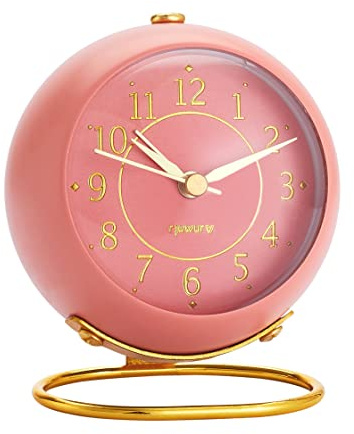 Metall skrivbordsklocka, rjuwurv retro sovrum bord vintage analog väckarklocka, tyst icke-tickande guldklocka, sängdekor (söt rosa)