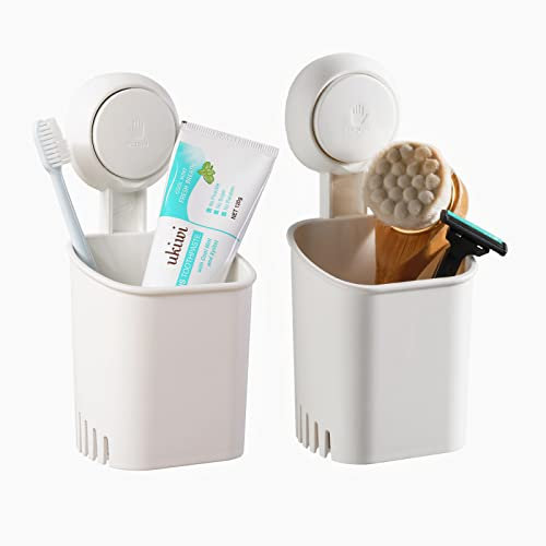 TAILI Saugnapf Zahnbürstenhalter ohne Bohren 2 Stück, Max Halt 5 KG Zahnbürstenhalter Wand für Dusche, Badezimmer Zahnputzbecher, Wasserfester Rasierklingenhalter, Zahnpastahalter, Plastik in Weiß