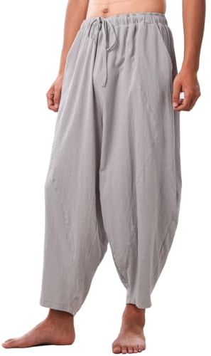 COSDREAMER Pantalones Holgados para Hombre Harem con cordón, Casual, algodón, Lino, Yoga, Playa, Talla L, Gris