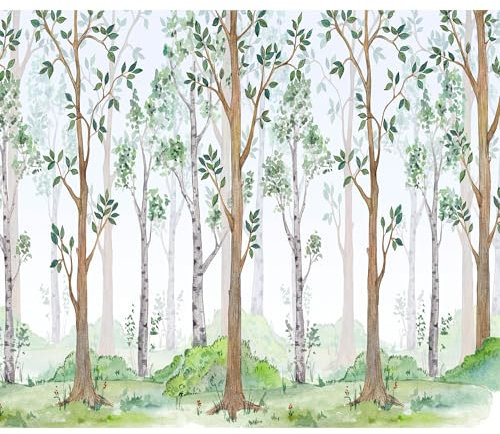 decomonkey Fototapete Kinderzimmer Wald 400x280 cm Tapete Fototapeten Vlies Tapeten Vliestapete Wandtapete Moderne Wand Wandbild Schlafzimmer Wohnzimmer Bäume Skandinavisch Mädchen Zeichnung Grün