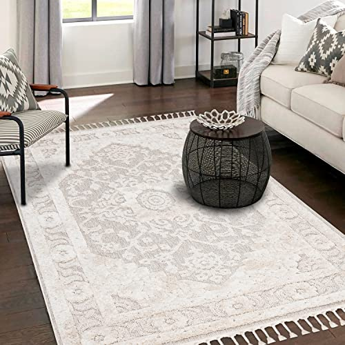 payé Teppich Wohnzimmer - Ornamente Bordüre - 140x200cm Creme - Fransen Deko Boho Flauschig - Cut & Loop Sisal - Schlafzimmer Flur Dekoration Läufer - Hochtief Effekt