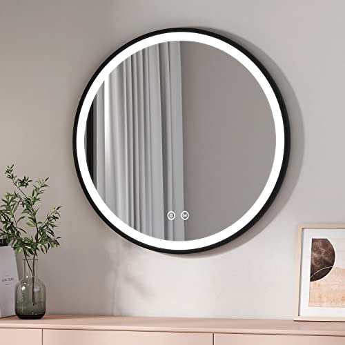 EMKE Badspiegel Rund 60 cm Badspiegel mit Beleuchtung mit Touch/ 3 Lichtfarben Dimmbare/Speicherfunktion/Verstellbarem Riemen/ 3 Stunden automatische Abschaltung Badezimmer Spiegel IP44