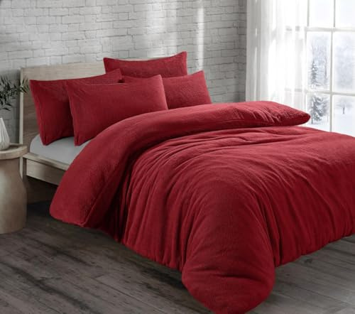 Velvet Stitch - Set di biancheria da letto in pile orsetto, termico, soffice, caldo, comodo e morbidissimo, con copripiumino e federe, (King, Rosso)