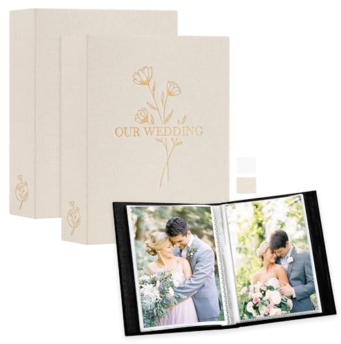 Lanpn Wedding Photo Album 5x7 2 Packs, Each Pack holds 50 Pictures, Slip in Pockets Mini Linen Top Loading Wedding Photo Albums for Portrait Only 5 x 7 Picture (Flower, Beige)