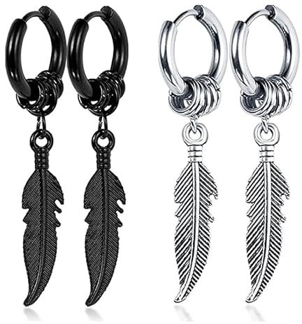 2 Paar schwarze Herrenohrringe, Federohrringe, hypoallergene Punk-Ohrringe aus Edelstahl(1 Paar schwarzes, 1 Paar silbernes)