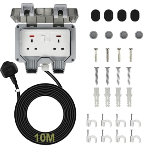 Outdoor Socket Double Plug Sockets IP66 Waterproof With 10M Extension Lead | 13 Amp 2 Gang Lockable Cover Wall Electrical Outlet Switch Indicator Light Garden Wall Electrical Outlet Cover Box with