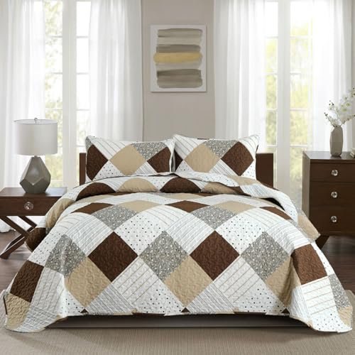 WONGS BEDDING Tagesdecke 220x240 Khaki Patchwork Bettüberwurf Gesteppt Bedspreads Blumen Muster Steppdecke Mikrofaser kariertem Tagesdecke mit 2 Kissenbezug 48x75