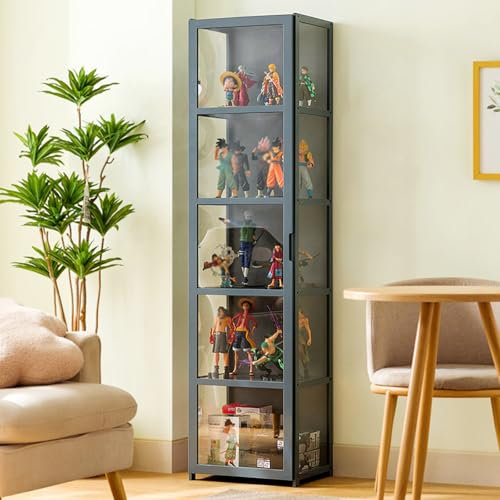 Pounjsd Vitrina de Acrílico, Mueble Expositor para Colecciones, Librería con Puertas, 5 Capas Estantería de Cristal, Expositor de Bambú para Coleccionables y Figuritas