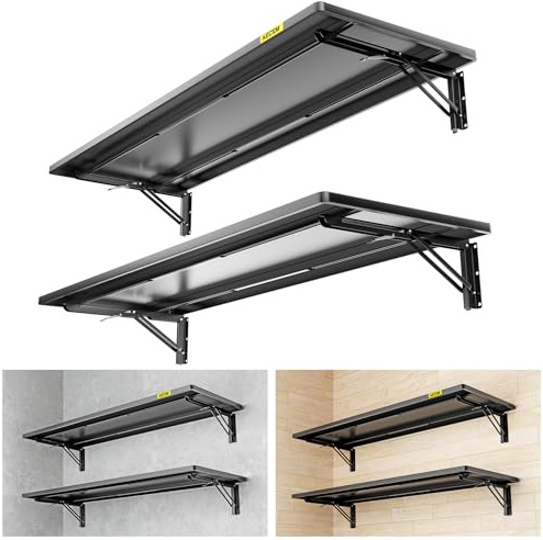 Aecxm 2pack-1.3x4ft Adjustable Rail Type Folding Storage Rack Shelf, Suitable for Garage, Storage Room, kitchens Wall Shelf Garage Storage Rack Floating Shelves, Wall Mounted Folding Table(2pcs-Black)