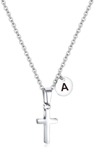 Stainless Steel Cross Necklace for Boys - Initial Mini Cross Pendant Jewelry for Teenage Toddler Kids Boys Son Girls - Silver A