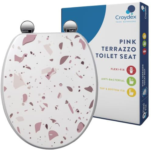 Croydex Pink Terrazzo Wooden Toilet Seat, Adjustable Flexi-Fix™ Hinges | Antibacterial Treatment | Fits most standard UK toilet pans | Trendy design | Top and bottom fixings | Durable Bathroom Decor