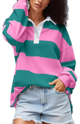 Amiblvowa Rugby Shirt Women Striped Collared Long Sleeve Polo Shirts Oversized Color Block Sweatshirt Vintage Pullover Top, Green Pink, L
