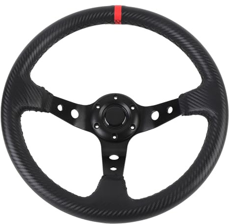 SIXRUN Volante Sportivo Universale 14 Pollici in Fibra di Carbonio con Pulsante Clacson per Adattatore a 6 Fori Telaio in Alluminio in Pelle PU (rosso)