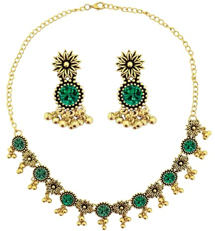 VLYX Set de joyería india tradicional para mujeres, collar y pendientes Jhumka, estilo Boho étnico, boda, regalo (Verde)