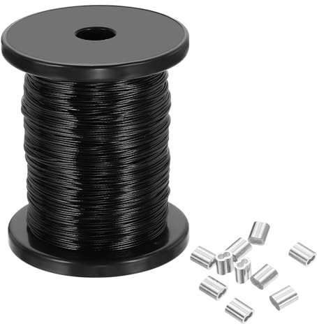 PATIKIL 1/32 Cable De Acero, 328 Pies 304 Cable De Acero Inoxidable Brillante Recubierto Con Vinilo Con 100 Piezas De Manguitos De Crimpado Para Colgar Luces Cuerdas De Tendedero