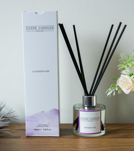 Lavender Noir Reed Diffuser - Clyde Candles, Luxury Diffuser Oil with a Set of 7 Fibre Sticks, 100ml, Best Aroma Scent for Home, Kitchen, Living Room, Bathroom. Fragrance Diffusers set with sticks