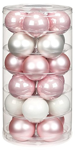 24 Christbaumkugeln Glas 6cm // Weihnachtskugeln Baumkugeln Baumschmuck Weihnachtsdeko Kugeln Glaskugeln Dose, Farbe:Noble Rose (hell rosa porzelanweiß)