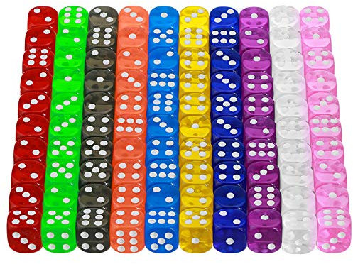 YOUSHARES Würfel 100 Stück Transparent Würfel Set mit Taschen, Spielwürfel für Tischkartenspiele, Würfel Bunt Set 6-Seitig, 16 mm d6 Standardwürfel