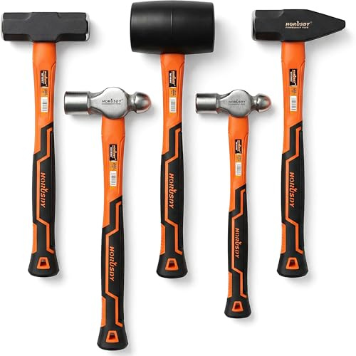 HORUSDY 5-delad hammarsats, 16 oz kulpein hammare | 32 oz kulpein hammare | 9,5 dl gummiklubba | 1,4 kg slädehammare | 3 lbCross Peen hammare