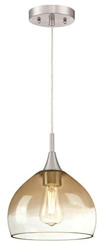 63669 Einflammige Pendelleuchte von Westinghouse Lighting für Innenbereiche, Ausführung in gebürstetem Nickel mit bernsteinfarbenem und klarem Glas