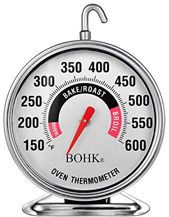BOHK Large 2.36 Inch Dial Oven Thermometer with Bold Numbers Clear Toughened Glass Lens Hook Base Durable Stainless Steel Body Easy to Read Accurate 150-600℉