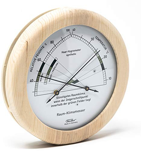 Fischer 1222-09 - Wohnklima-Hygrometer u. Raum-Thermometer - 130mm Echtholz-Luftfeuchtigkeitsmesser aus Made in Germany